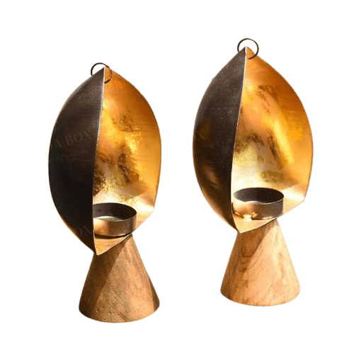 IRON & WOOD DIYA T-LIGHT HOLDER (BLACK & GOLD) SET OF 2